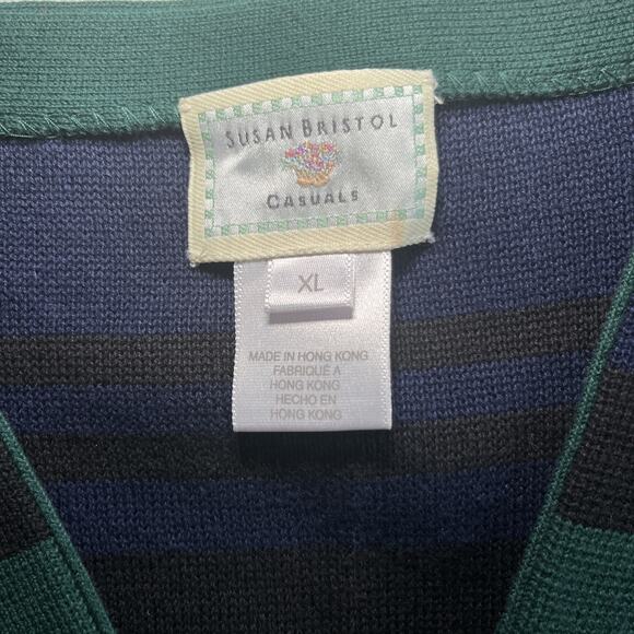 Susan Bristol Vtg Tunic Cardigan Sweater Blue Green Black Stripe Pockets Size XL - Picture 2 of 11